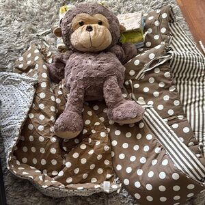 Brown Polka Dot Baby Bedding Set with Plush Monkey in excellent conditions